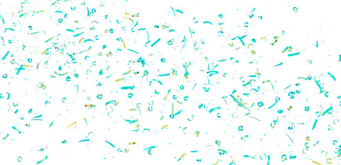 Festive confetti background ideal for celebrations, parties, and events.  Teal and gold confetti on white.