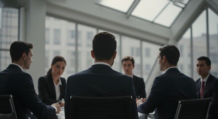 Business meeting in a modern office setting, discussing strategies and ideas with determination. The meeting involves a group of professionals in formal attire