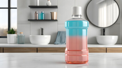 Pediatric dental care education awareness and oral health knowledge concept. mouthwash bottle with gen z color palette trendy.