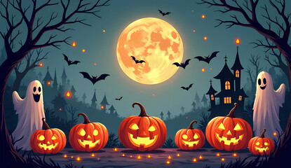 Halloween Night with Full Moon and Pumpkins