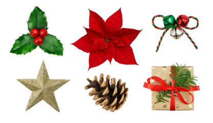 Set of Christmas decoration objects: holly leaves and berries; golden star, present box, pine cone, jingle bells, poinsettia flower