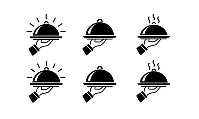 Fototapeta premium Elegant Hand Delivering Platter Icons, These black and white illustrations of a hand holding a platter represent the experience of dining out in any hotel or luxury restaurant.