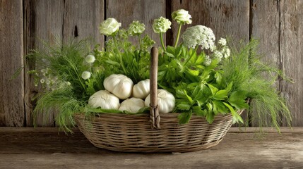 Freshly harvested herbs and vegetables in a rustic basket farmhouse kitchen still life natural lighting organic concept