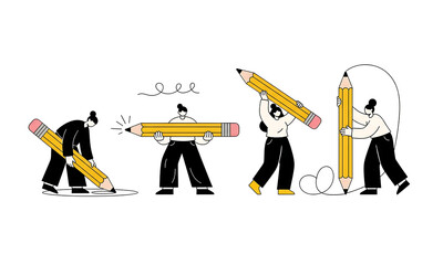 Illustration of creative workflow concept, A whimsical illustration depicts a team collaboratively navigating the creative journey, symbolizing the process of writing, planning.