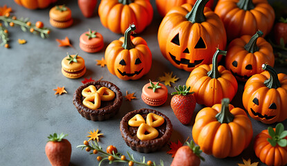 Halloween flat lay with pumpkins and autumn leaves