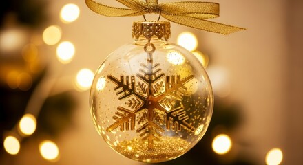 Close up of a clear glass Christmas ornament with a snowflake inside and bokeh lights in the background.