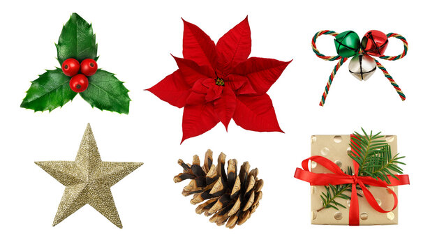 Set of Christmas decoration objects: holly leaves and berries; golden star, present box, pine cone, jingle bells, poinsettia flower