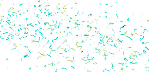 High-resolution image of teal and gold confetti falling on a white background. Perfect for celebrations, parties, and festive designs.