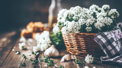 Harvesting fresh garlic and herbs in a rustic kitchen setting nature's bounty food photography cozy environment close-up culinary delight