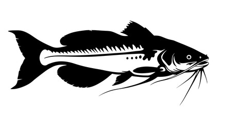 Stylized black silhouette of a catfish with prominent whiskers and fins on a white background