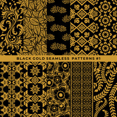 Seamless vector batik pattern in elegant black and gold color combination. Perfect for fabric, fashion prints, wallpapers, packaging, and luxury ethnic decorative projects.