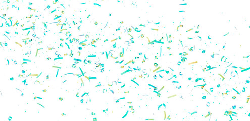 Celebrate with this image of teal and gold confetti falling on a white background. Perfect for party invitations, banners, and more!