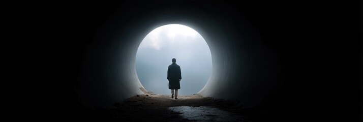 Silhouette of female standing in tunnel looking towards light