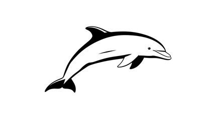 Simple black and white line art illustration of a happy dolphin leaping gracefully out of the water