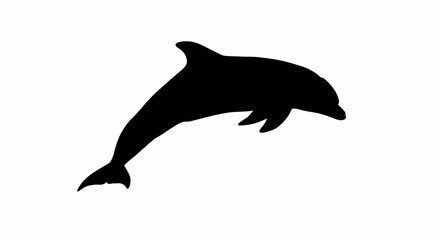 Black silhouette of a playful dolphin leaping gracefully out of the water against a white background