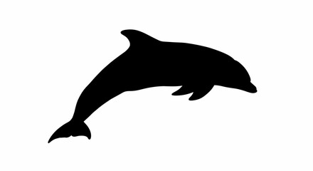 A sleek black silhouette of a dolphin leaping gracefully out of the water against a clean white background