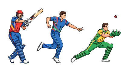 Dynamic Cricket Action: Illustrated depiction of the sport capturing the batsman's powerful swing, the bowler's focused delivery, and the fielder's swift catch