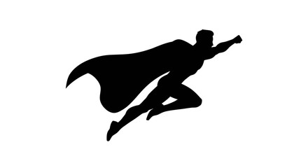 Dynamic silhouette of a heroic figure in flight with a flowing cape against a white background © rabbivay