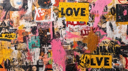 Fototapeta premium Urban Wall Art Texture with Bold Text and Vibrant Colors, Contemporary Street Style Design