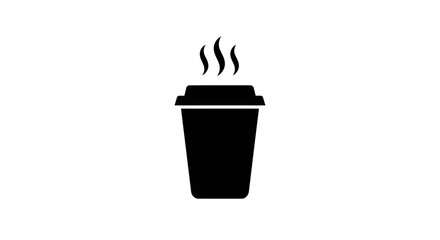 Simple black silhouette of a hot steaming coffee cup with a lid on a white background
