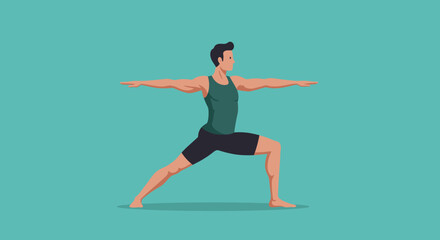 Man practicing yoga in warrior ii pose with arms extended on a solid teal background