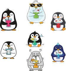 Cartoon penguins with drinks, summer party theme, festive vector set, cute animal illustration, children bundle, sunglasses, straws, tropical vibe
