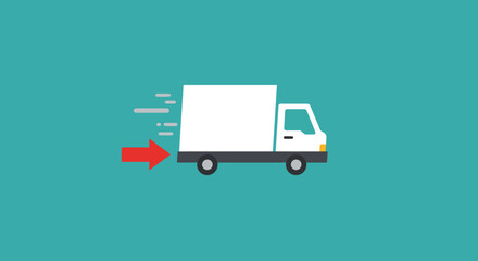 White delivery truck in motion with red arrow indicating fast speed on teal background