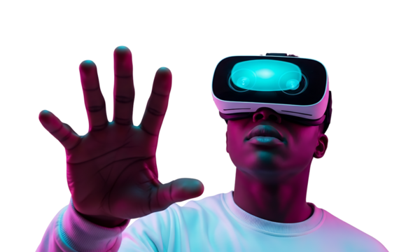 Immersive virtual reality, An individual, engrossed in a virtual world, wearing a sleek VR headset, and interacting with an intangible environment. Exploring the captivating realm of virtual reality.