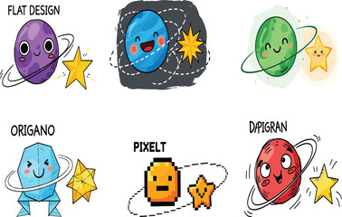 Cartoon planets and stars in six visual styles including flat, pixel, origami, playful character bundle for design and education