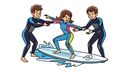 Learning to Surf: A vibrant illustration captures the thrill of learning to surf, with an instructor guiding a student on a surfboard amidst playful waves.