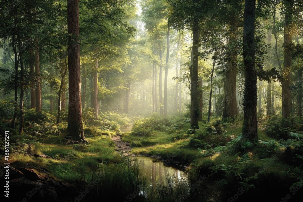 Poster tranquil forest scene with sunlight filtering through trees, reflecting in a small stream, offering 