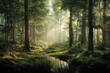 Tranquil Forest Scene with Sunlight Filtering Through Trees, Reflecting in a Small Stream, Offering a Peaceful Escape