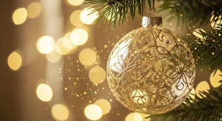 Elegant golden Christmas bauble with glitter on a pine branch, sparkling against a warm festive bokeh light background.