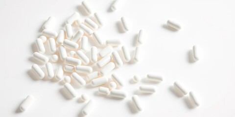 Generic white capsules scattered on white background, image, medication