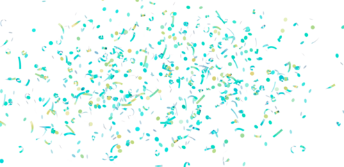 Image of teal and gold confetti falling on white background. Perfect for celebrations, parties, and festive designs.