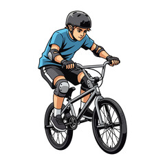 Naklejka premium BMX Action: A young rider in full safety gear executes a dynamic maneuver on a BMX bike, showcasing skill, precision, and the thrill of the sport.