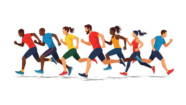Dynamic Strides: A vivid illustration depicts a diverse group of runners in motion, their bodies stretched in mid-stride. each embodying determination and athleticism.