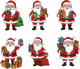 Cartoon Santa Claus holding Christmas gifts, festive poses, colorful presents, holiday character illustrations, joyful expressions, seasonal design, cute artwork