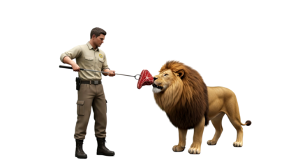 zookeepers courage feeding a majestic lion, a raw meat tenderloin on a long tool, isolated on transparent background