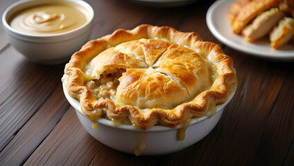 A delicious homemade chicken pot pie with a flaky crust, served with a creamy sauce and roasted chicken on a wooden table