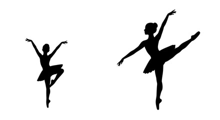 Two elegant ballet dancers in silhouette performing graceful poses on a white background