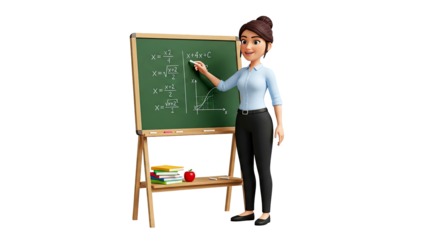 3d model animated teacher explains quadratic equations, engaging classroom scene, isolated on transparent background