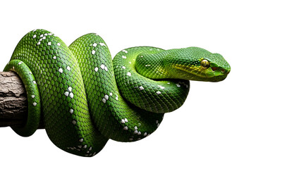 Emerald Python's Vigil, An exquisite green python gracefully coiled around a weathered branch, its scales gleaming with life. The image showcases nature's intricacy and the beauty of the wild.
