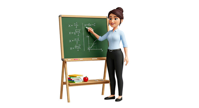 3d model animated teacher explains quadratic equations, engaging classroom scene, isolated on transparent background