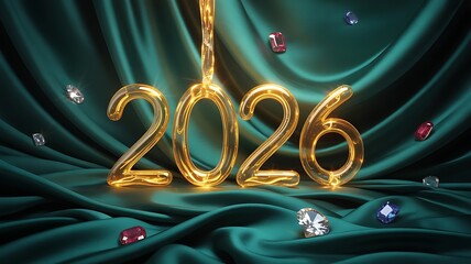 Sparkling 2026 numerals with luxurious gems cascade across elegant satin creating a dynamic and opulent celebration for New Year's Eve or special event promotions