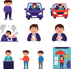 Cartoon story of stress and misfortune, emotional character journey vector set for editorial, education, stock use, and awareness campaigns