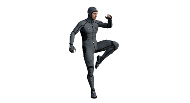 3d model motion capture actor in dynamic pose, hightech suit, ready for action, isolated on transparent background