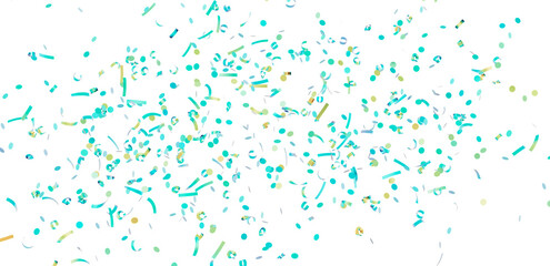 Beautiful image of teal and gold confetti falling on white background, perfect for party invitations or celebrations.