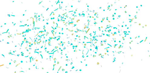 Beautiful image of teal and gold confetti falling on white background, perfect for party invitations or celebrations.