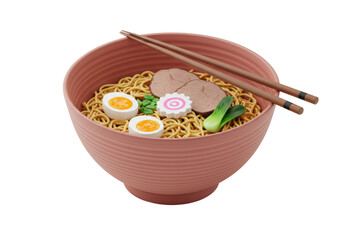Isolated bowl of ramen noodle soup with egg and chopsticks on a pink bowl design